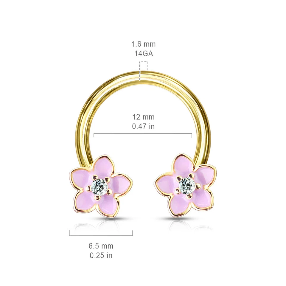 Anillo de pezón de herradura chapado en oro amarillo flor circonita cúbica esmalte rosa 14G 1/2" tabique Foto 3 de 4