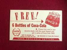 1930's, Coca-Cola, "Un-Used", Free 6 Bottles Carton Coupon (Scarce / Vintage)