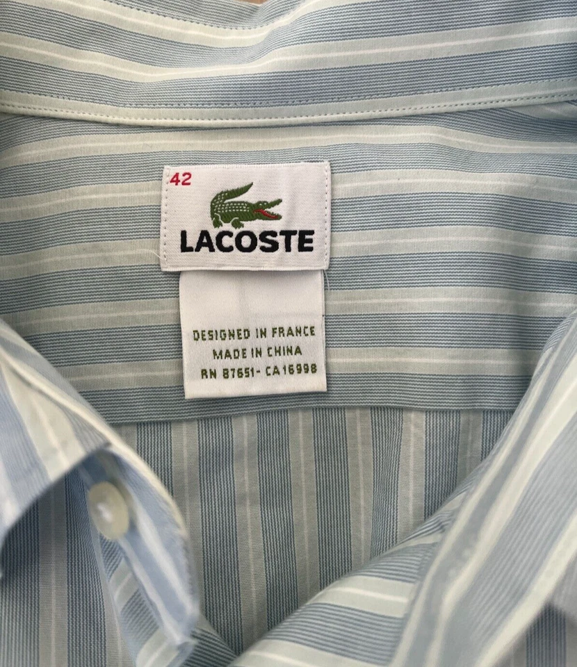 Camisa de Vestir LACOSTE Para Hombre Manga Larga Azul Gris Blanco Rayas Con Botones Talla 42 L Foto 2 de 4