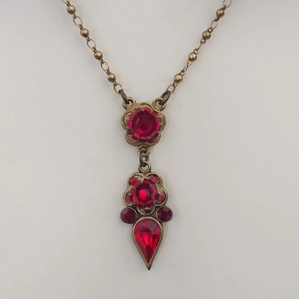 Collar Michal Negrin Flor Roja Cristales Gota en Y Romántico Dramático Granate Regalo Foto 2 de 4