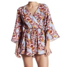 ASTR The Label Floral Wrap Romper Revolve Blue Pink Size XS