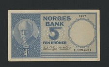 NORWAY  5   KRONER 1957 E PICK # 30c  VF+.