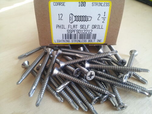 #12 x Viti Autoperforanti 2-1/2" Testa Piatta Lamiera Acciaio Inox Qtà 100 - Foto 3 di 3