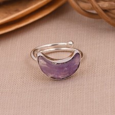 Dainty Crescent Moon Shape Amethyst Adjustable Ring 925 Silver Gemstone Jewelry