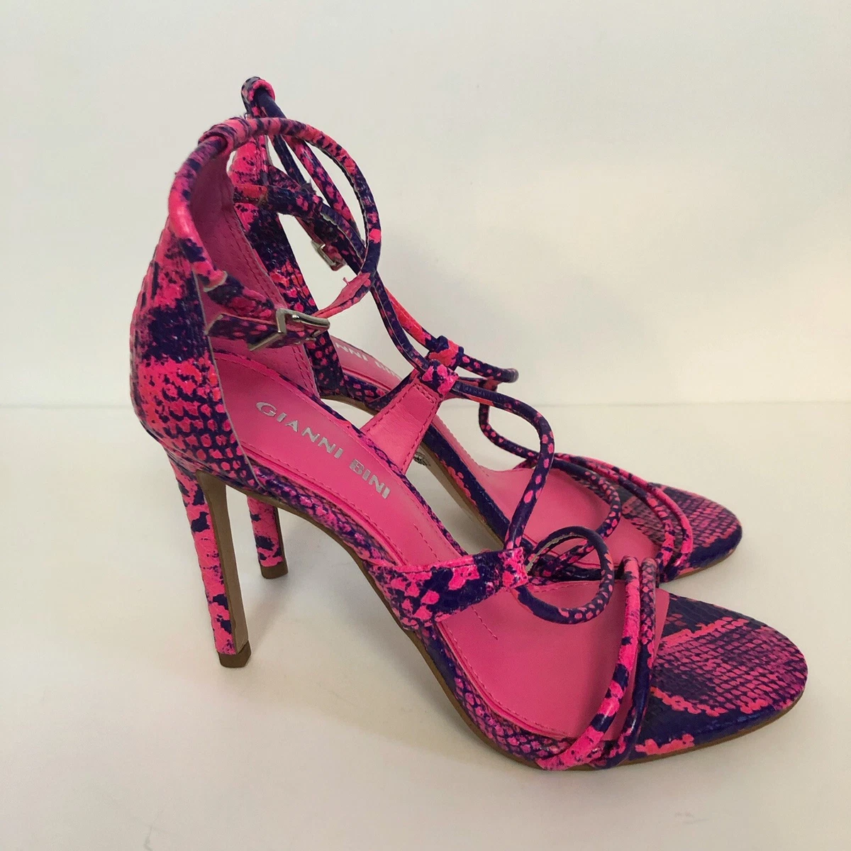 Gianni Bini Womens Kameela Snake Print Heels Strappy Leather Pink
