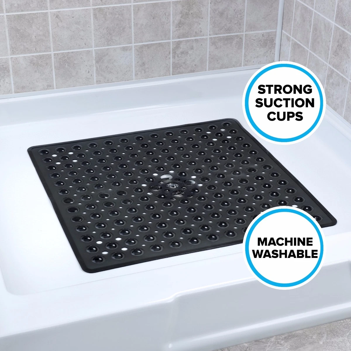 Large Square Shower Mat Non Slip - Shower Mat with Drain Hole in