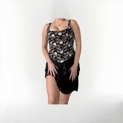 Vintage 1980's Clara black and gold floral embroidered black crepe Bustier Dress