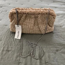 NWT Olga Berg Amalia Petite Tan Woven Hinged Closure Purse Crossbody Chain $80
