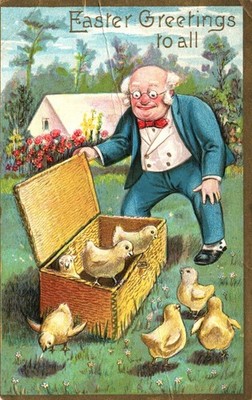MAN Discovers BABY CHICKS In BASKET On Cute Vintage 1908 EASTER Postcard