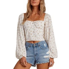 Billabong Floral Print Crop Top Square Neck Long Sleeve Blouse Size Large