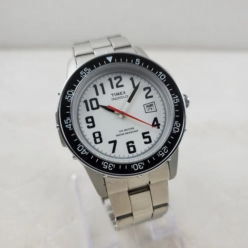 RARE VINTAGE 1999 TIMEX INDIGLO WHITE/BLACK DATE WR 100M MEN'S WATCH