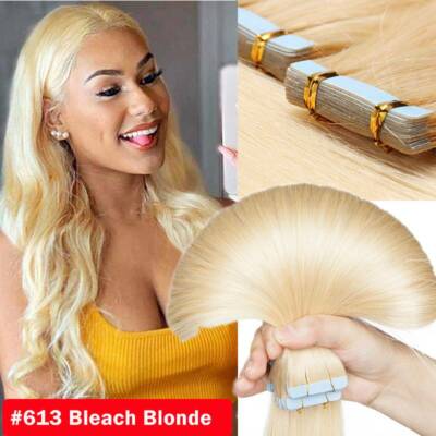Blonde White Tape In Human Hair Extensions 150g/60pc Full Head Thick Skin Weft T