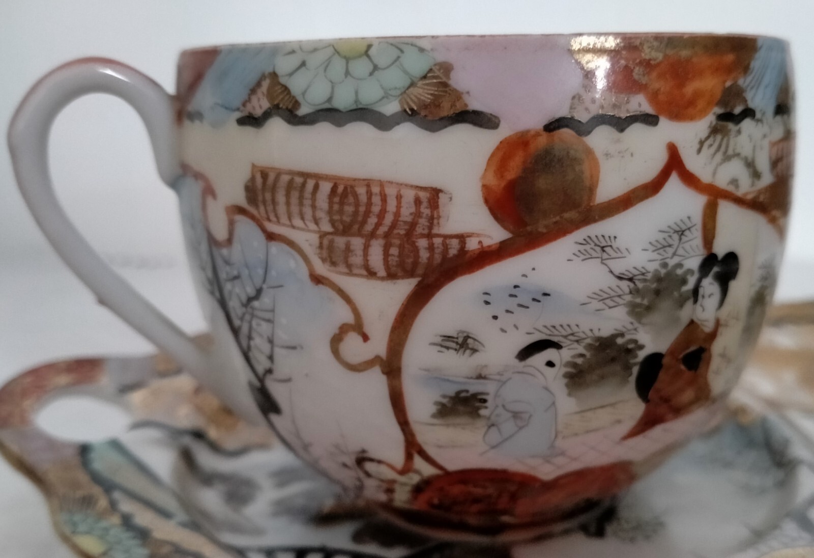 Oriental Satsuma Egg Shell Porcelain Tennis Set Saucer & Plate signed