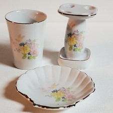 Porcelain Bathroom Vanity Set 3 Piece Floral Toothbrush Cup Soap Dish Taiwan NOS