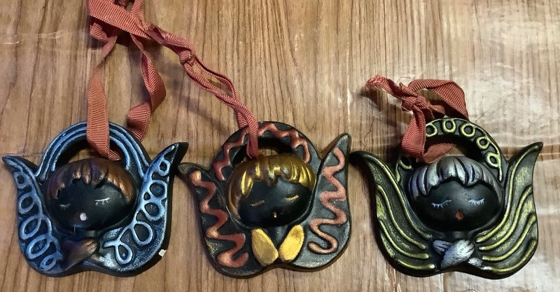 3 Vintage Black Angel Christmas Ornaments ceramic  1970s UNIQUE rare