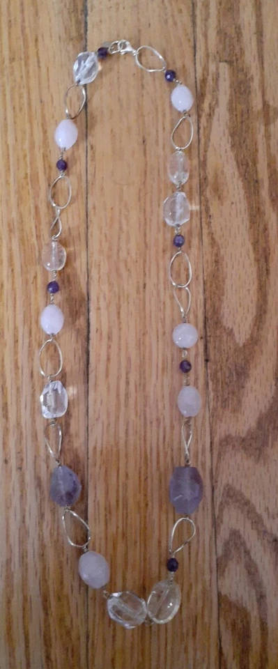 Collar de cuarzo transparente amatista de cuarzo rosa de plata esterlina fina de diseñador firmado Foto 3 de 4