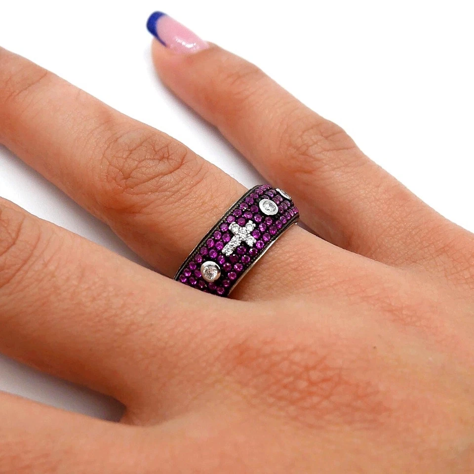 ANELLO ROSARIO A 5 LINEE BLACK RODIUM CON ZIRCONI ROSSO E BIANCHI RODIATI  - Immagine 2 di 2