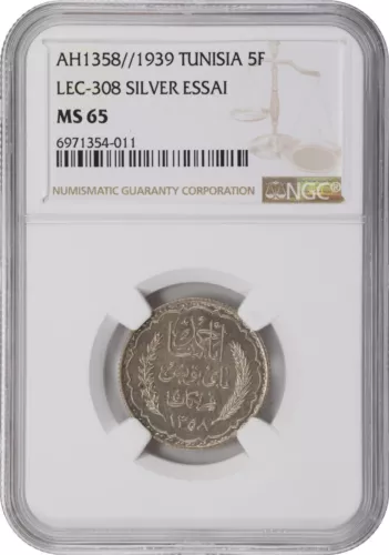 TUNISIA  , ESSAI SILVER  5 FRANCS 1358 AH (1939 AD)  NGC MS 65  , RAREX