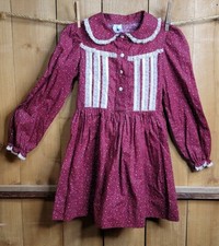 Vintage Girls Dress 6X Rust Red Floral Prairie Peasant Long Sleeve Lace Miss Qua