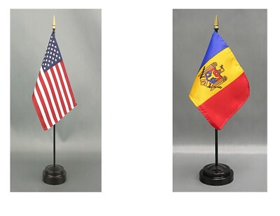 Made in the USA--1 American & 1 Country Rayon 4''x6'' Office Desk Flag & 2 Stands