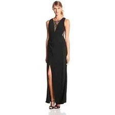 Adrianna Papell Women Illusion Lace-Panel Gown Maxi Dress Sz 6 Black Slit Event