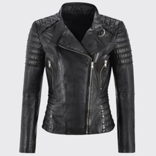 Women's Genuine Lambskin Leather Jacket Motorcycle Real Slim Fit Biker Jacket