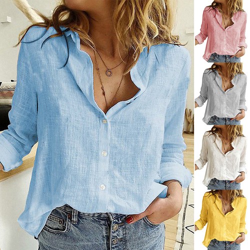 Plus Größe Frauen Baumwolle Leinen Bluse Top Langarm Casual Button Up Shirts ≌ - Picture 4 of 16