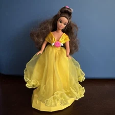 DISNEY 7” Dancing Belle Beauty Beast Vintage Doll mini gold yellow With Stand