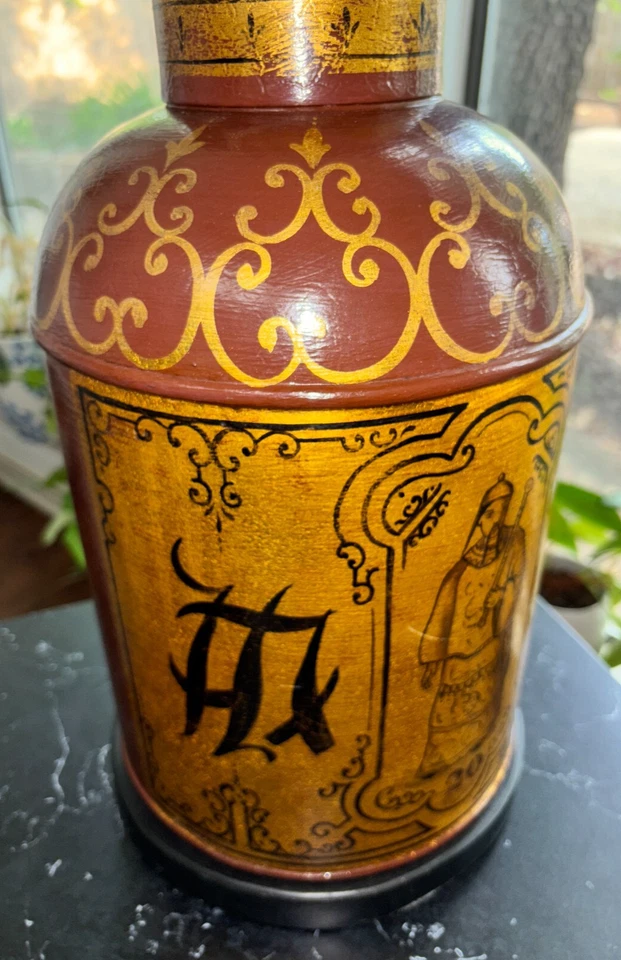 Antigua lámpara de mesa asiática de lata de té 29" pintura Tole óxido dorado chinoiserie Foto 4 de 4