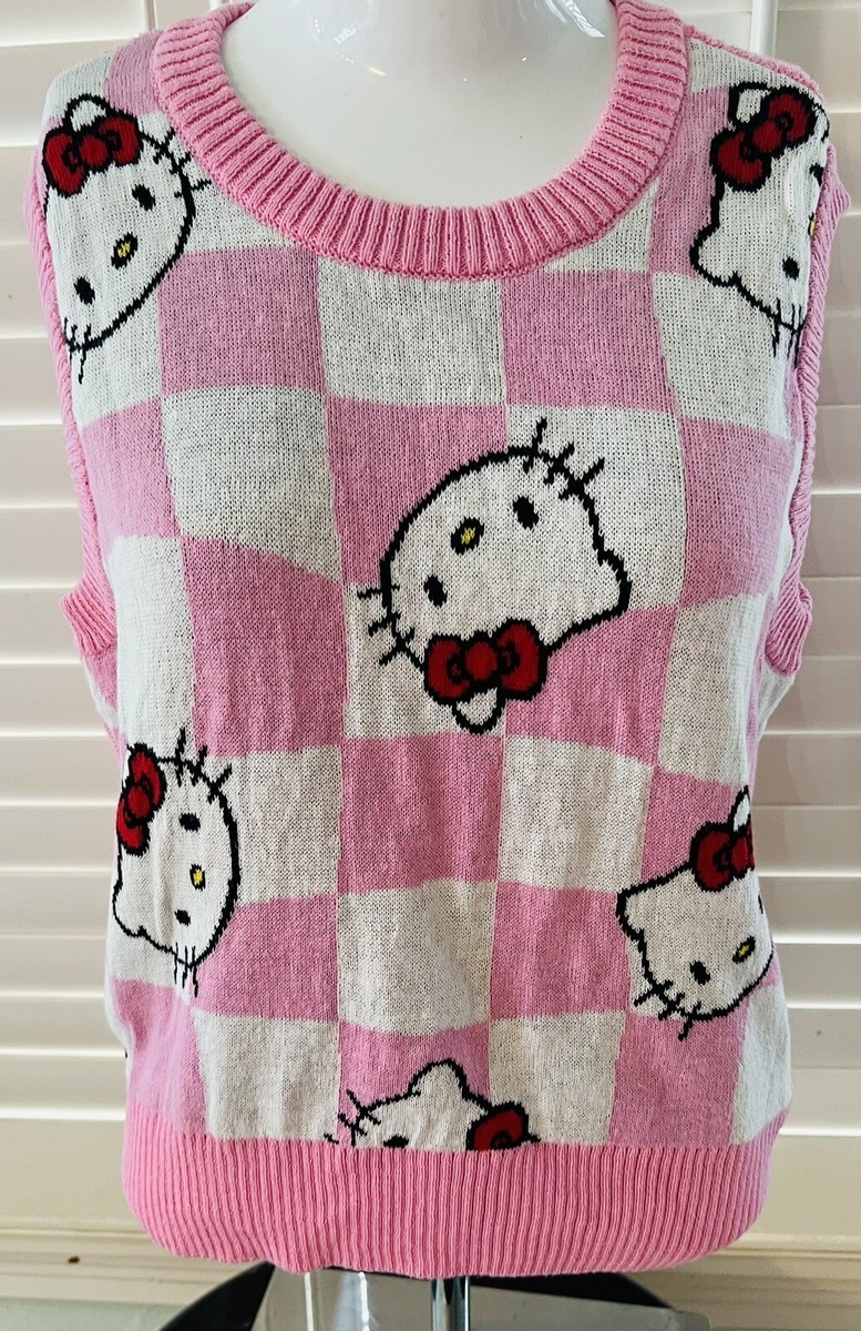 Sanrio Hello Kitty Pink Sleeveless Knit Sweater Vest All Over Logo