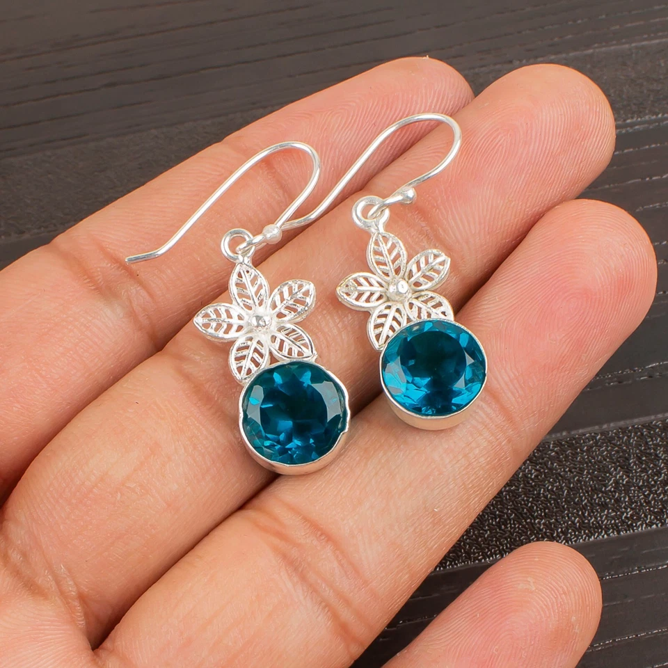 Pendientes colgantes/gotas de piedras preciosas de apatita plata de ley 925 estrella joyería hecha a mano Foto 2 de 4