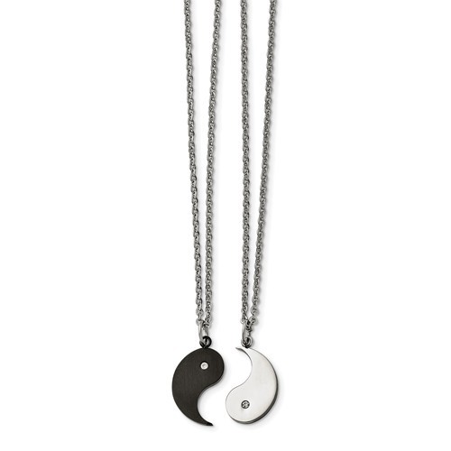 STAINLESS STEEL YIN & YANG NECKLACE SET W/ CZ - 2 YIN YANG