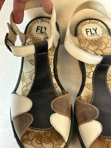 Fly London Yila T-Strap Peep Toe Wedge Sandals sz 41-9.5-10 Brown White Black - Picture 3 of 13