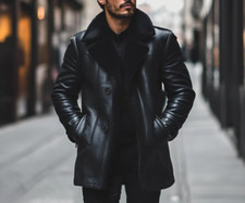 Men's Real Black Leather Shearling Coat Fur Lined Winter Warm Trench Jacket Long