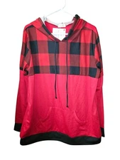 Be Stage Red & Black Plaid Hooded Pullover Blouse Top Shirt - New - 1XL