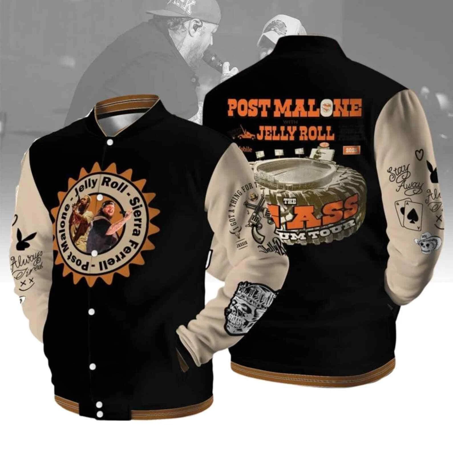 Post Jelly Roll Jacket, Big Ass World Tour Baseball Jacket, Posty 2025 Tour Jack