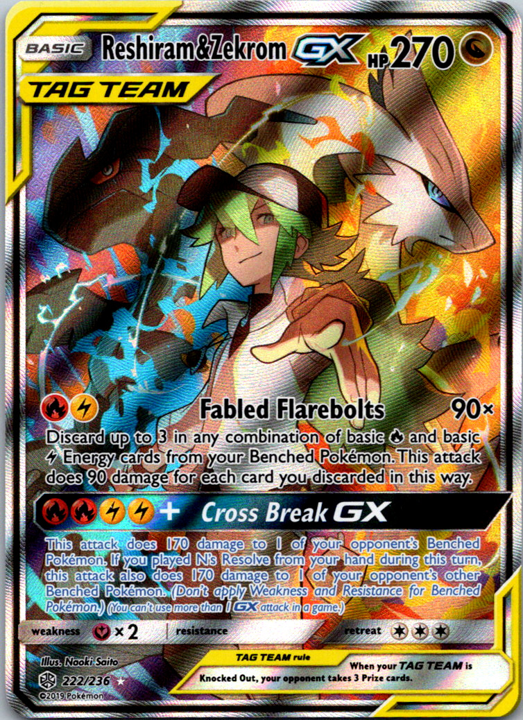 Reshiram & Zekrom GX (Full Art) 222/236 Sm-Cosmic Eclipse Holo Near Mint
