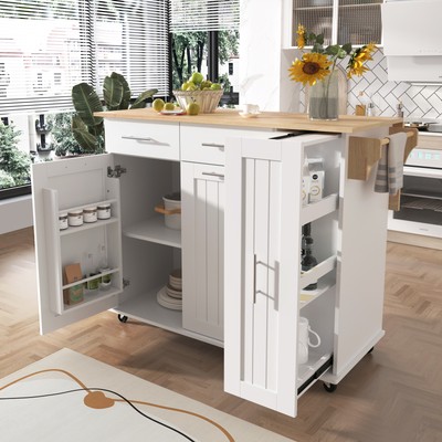 K&K Kitchen Island with Drop Leaf,Kitchen Storage Cart with 3 Tier Pull Out Cab