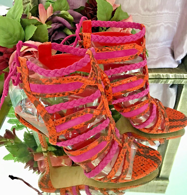 Brian Atwood Orange & Fuchsia Gladiator High Heels - Size 6 1/2