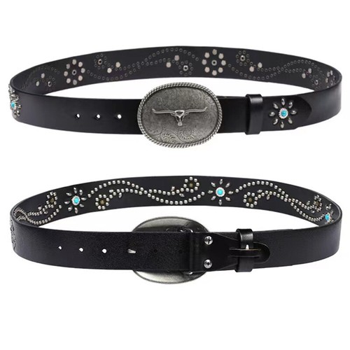 Real Leather Waist Belt Heavy Metal Stone Rivet Studded Unisex Punk Waistband - Picture 28 of 36