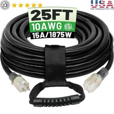 25ft 10/3 Heavy Duty Outdoor Extension Cord Waterproof Lighted 15Amp Power New