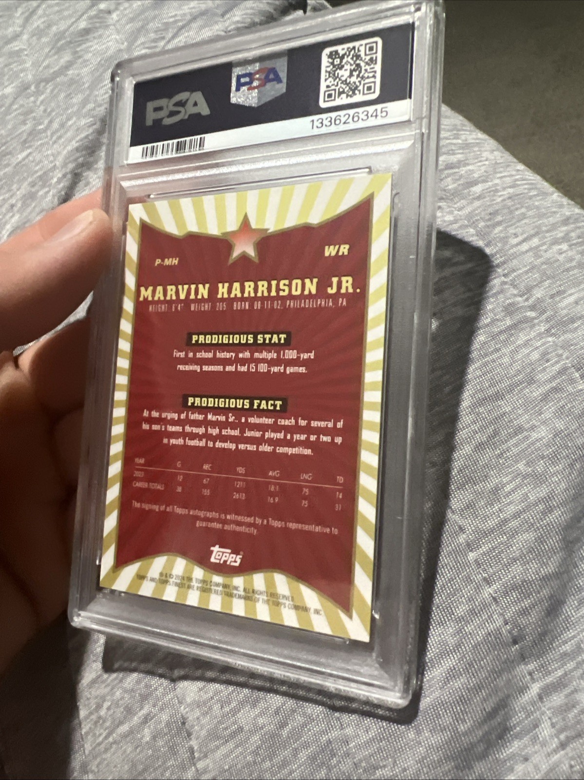 MARVIN HARRISON JR 2024 TOPPS FINEST PRODIGIES BLACK REFRACTOR AUTO /25 PSA 10 view 3