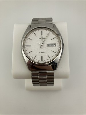 Vtg Phasar Men 36mm Watch Silver Tone Day Date Stretch Band y143-8160 -RUNS