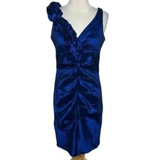 R&M Richards 8 metallic blue sexy fully ruched cocktail dress with flower detail