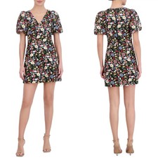 NEW ELIZA J Black Multi EMBROIDERED Floral PUFF SLEEVE Cocktail MINI DRESS 0