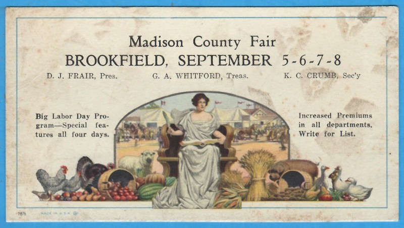 Madison County Fair, Brookfield, NY September, 5,6,7, 8, Advertising Ink Blotter
