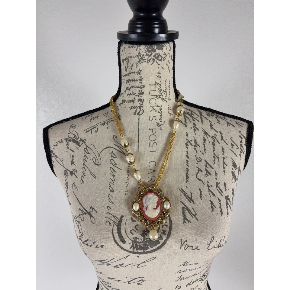 KJL For Avon Signed Cameo Necklace Earring Set Vintage Old Hollywood Statement - Image 3 of 4