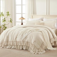 Beige Comforter Set King Size, 3 Pieces Lightweight Fluffy Solid Ruffle Comfo...