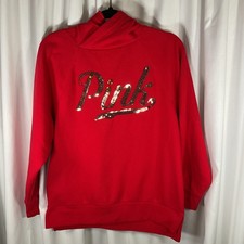 Victoria  s Secret PINK Red Hoodie Sequin Logo Pullover Sweatshirt Women  s XS