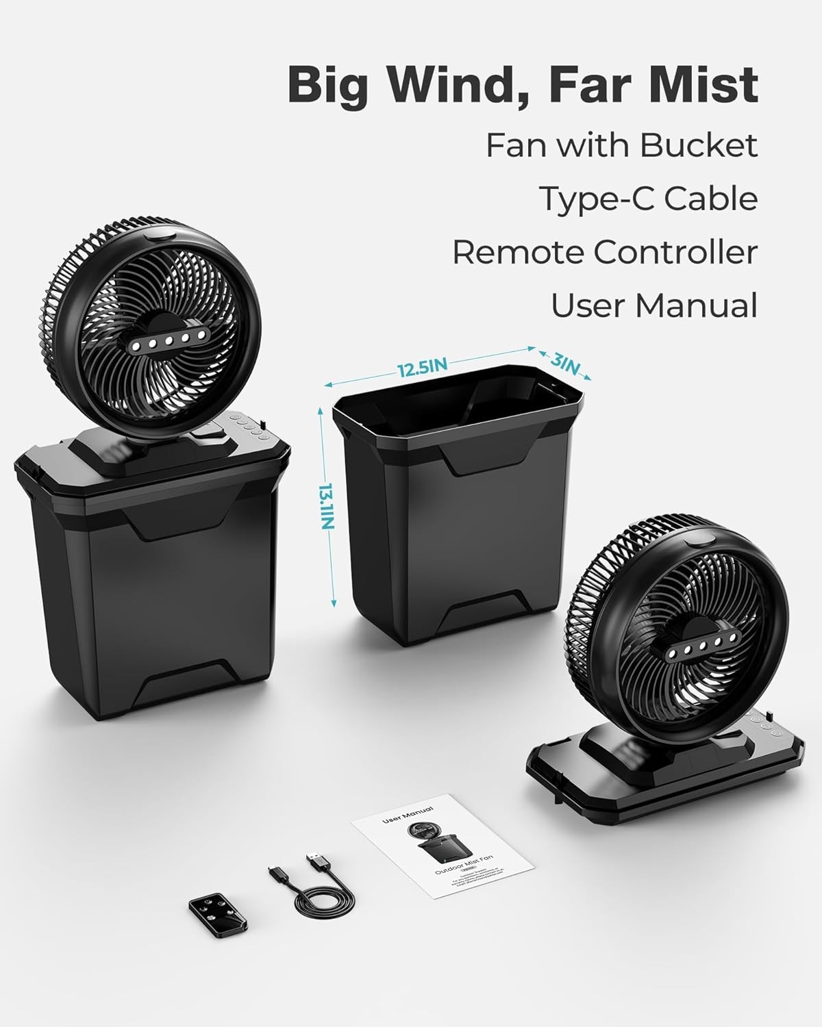 xasla Camping Misting Fan, 10-Inch Cooling Fan 20000mAh Medium, Black 
